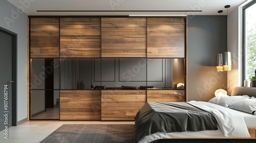 Contemporary bedroom with a large wooden wardrobe featuring glossy sliding doors and minimalist design