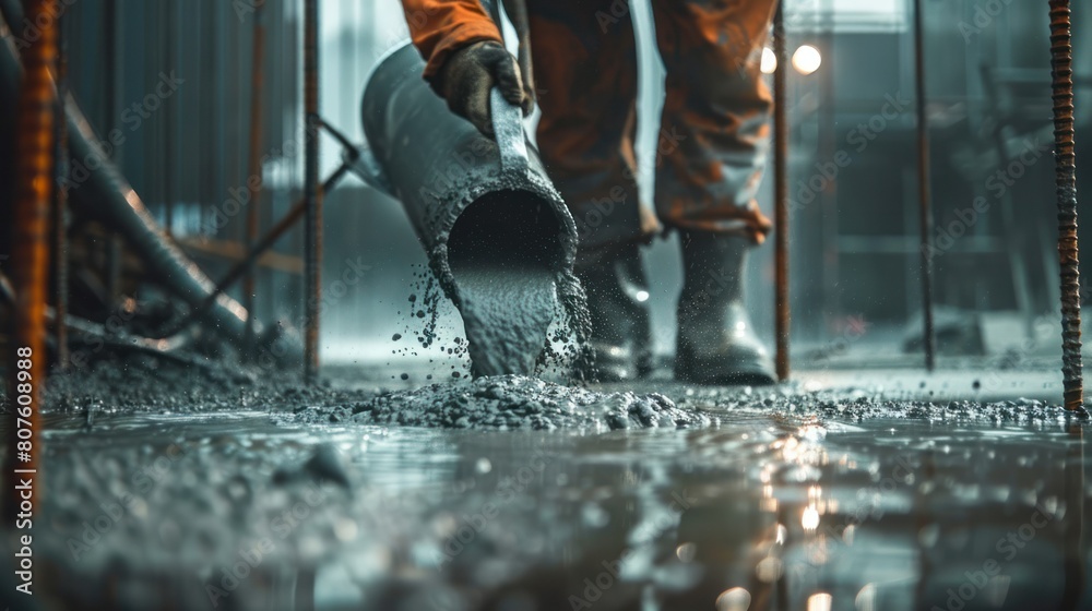 construction worker pouring concrete into a form, the wet cement cascading down like a waterfall, construction worker pouring concrete into a form, the wet cement cascading down like a waterfall,