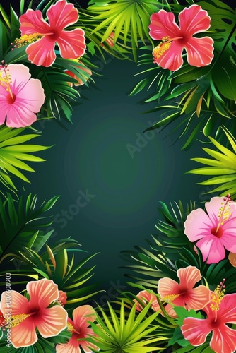 Green Background With Pink Flowers and Green Leaves