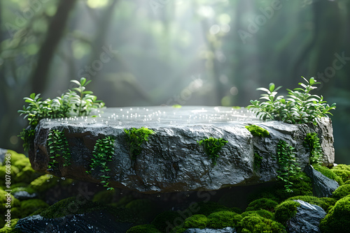 Stone podium at magic forest, plants, green moss, herbs, dew - 3D mockup background beauty product presentation concept. Copy space platform for Cosmetics, perfume fashion sales advertising stand.