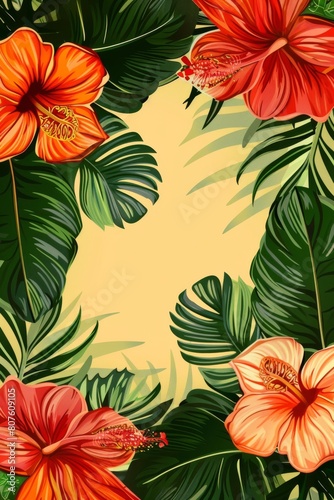 Blooming Flowers and Leaves on White Background