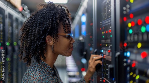 Female afro american IT worker in a data center room working to fix or improve the systems photo