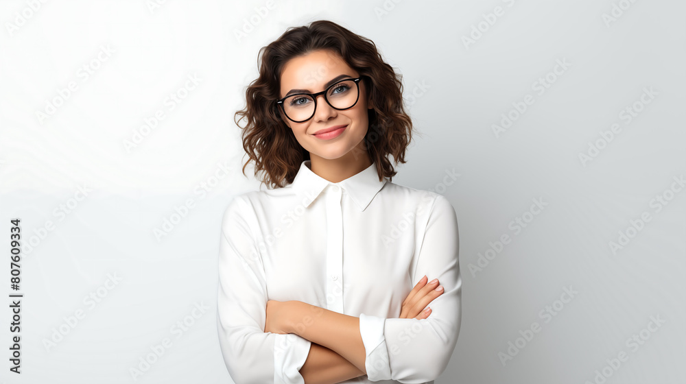On a clean white background, a millennial woman in glasses strikes a confident pose, her hands folded with poise. The simplicity of the setting highlights her professional demeanor. Keywords clean whi On a clean white background, a millennial woman in glasses strikes a confident pose, her hands folded with poise. The simplicity of the setting highlights her professional demeanor. Keywords clean whi
