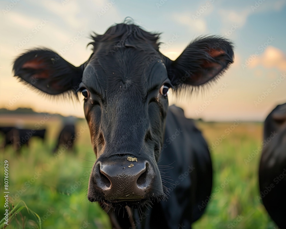 Close-up of Friendly Black Cow on a Farm at Sunset Close-up of Friendly Black Cow on a Farm at Sunset