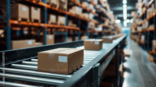 Boxes on conveyor belt in warehouse. Shallow depth of field