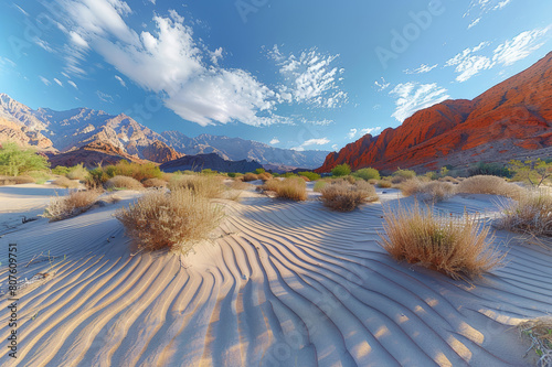 Panoramic desert scene with a sweeping view of sandy terrain and scraggly bushes under a pristine blue sky.. AI generated. photo