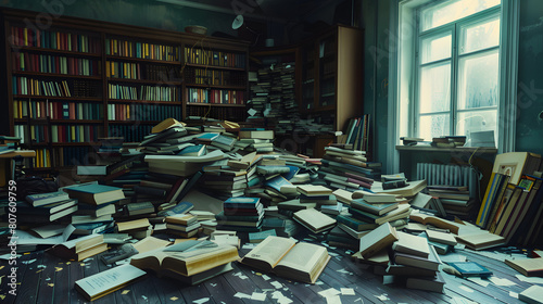 A cluttered academic study room with bookshelves open textbooks and a desk filled with reading materials. 