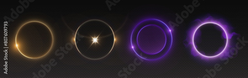 Circle halo light with overlay effect on transparent background. Realistic 3d vector illustration set of yellow and purple neon glow ring with sparkle, flare and smoke cloud. Circular magic frame.