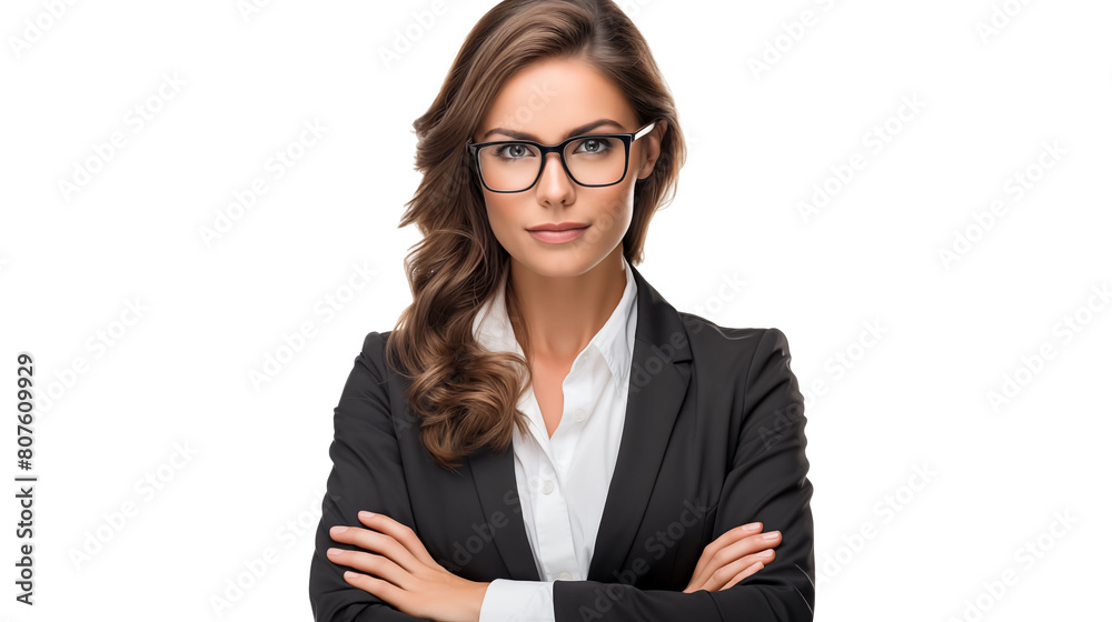 A professional headshot portrait of a young woman in glasses, isolated on a clean white background. Her folded arms and confident gaze convey a sense of determination and competence. Keywords professi A professional headshot portrait of a young woman in glasses, isolated on a clean white background. Her folded arms and confident gaze convey a sense of determination and competence. Keywords professi