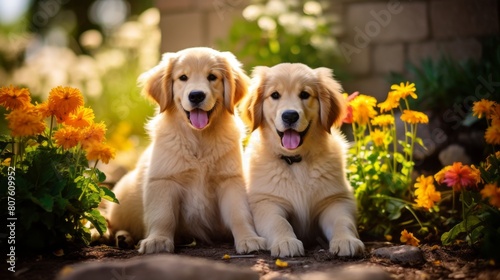 Labrador retriever puppies sitting among flowers and green grass