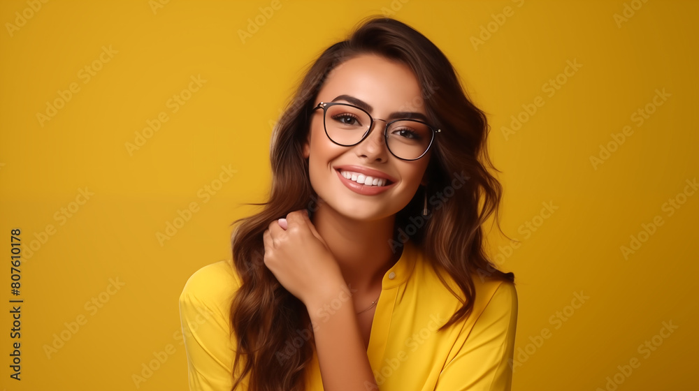 On a cheerful yellow background, a millennial woman in stylish glasses strikes a pose, exuding confidence and warmth. Her bright smile captures the essence of youthful optimism On a cheerful yellow background, a millennial woman in stylish glasses strikes a pose, exuding confidence and warmth. Her bright smile captures the essence of youthful optimism