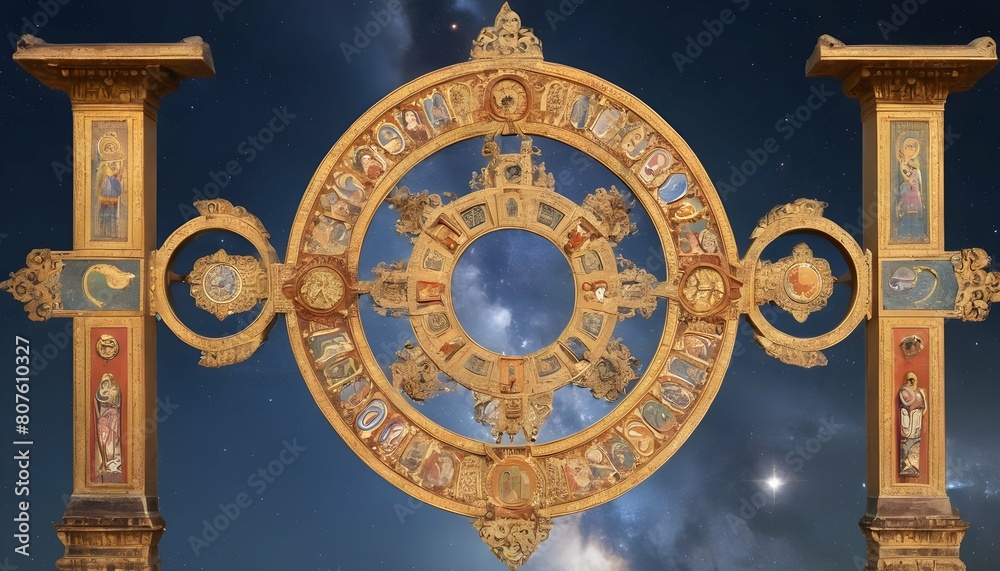 A celestial gateway adorned with symbols of heaven