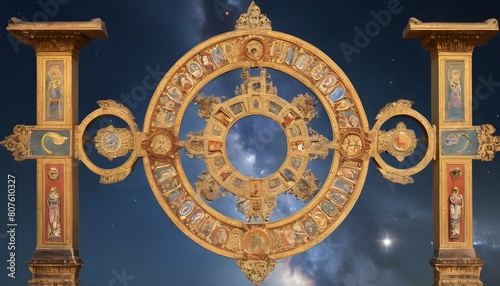 A celestial gateway adorned with symbols of heaven