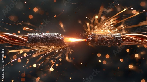 A close shot of electric spark between two bare wires against a dark backdrop showing connectivity and aggressiveness with a big space for text or product advertisement, Generative AI. photo
