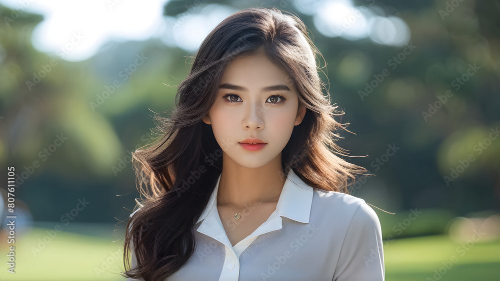 Graceful Waves: Beautiful Asian Golfer, Elegant Wavy Hair: Lovely Golfing Asian Girl, Chic Long Waves: Asian Golfer's Beauty, Trendy Golfer: Asian Girl with Long Wavy Hair Graceful Waves: Beautiful Asian Golfer, Elegant Wavy Hair: Lovely Golfing Asian Girl, Chic Long Waves: Asian Golfer's Beauty, Trendy Golfer: Asian Girl with Long Wavy Hair