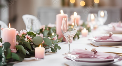 A romantic celebration with a beautifully set table  wine glasses and gift decorations