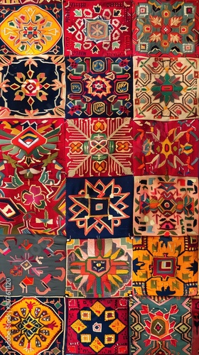 A colorful and intricate patchwork rug with various traditional patterns from different cultures. Carpet. Tapestry. Decoration. Ornament. Elements. Embroidery. Textile