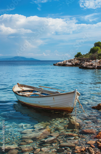 Small boat anchored by the shore