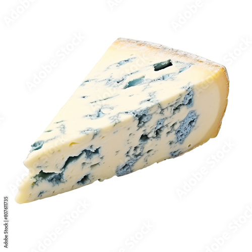 A wedge of blue cheese with a creamy texture and a strong, pungent flavor.