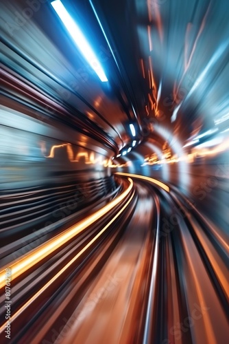 Blurred subway tunnel with motion speed effect, blue and orange