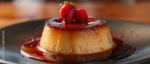 A horizontal view of flan dessert with tasty caramel custard in a plate with a big space for text or food type product advertisement background, Generative AI. photo
