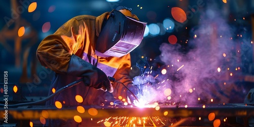 Welder in the metallurgical industry. Concept Welding techniques, Safety protocols, Metallurgical applications, Welding equipment, Job outlook photo