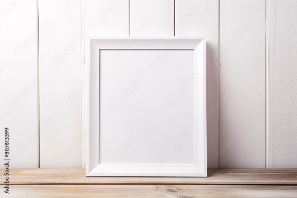 a white frame on a wood surface a white frame on a wood surface