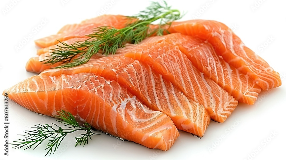 Close-up image of a fish on a white background with a dill sprig overlaid Close-up image of a fish on a white background with a dill sprig overlaid