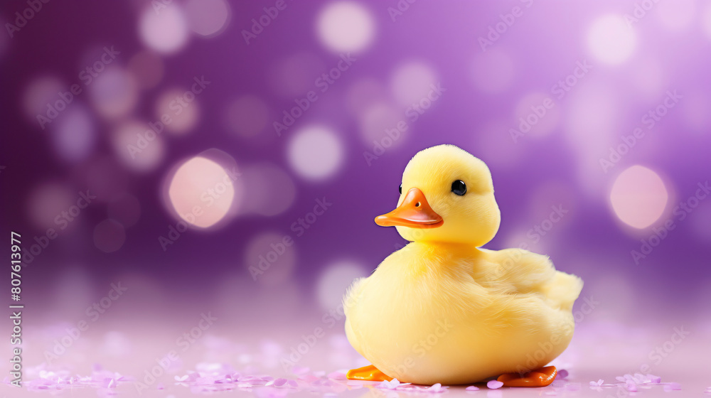 a yellow toy duck sitting on a purple background
