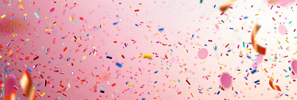 A cluster of confetti scattered on a bright pink background