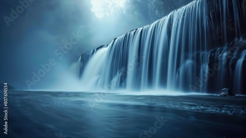  waterfall illuminated by the soft glow of moonlight, its waters shimmering with an ethereal radiance, captured with a slow shutter speed to create a serene and dreamlike atmosphere.