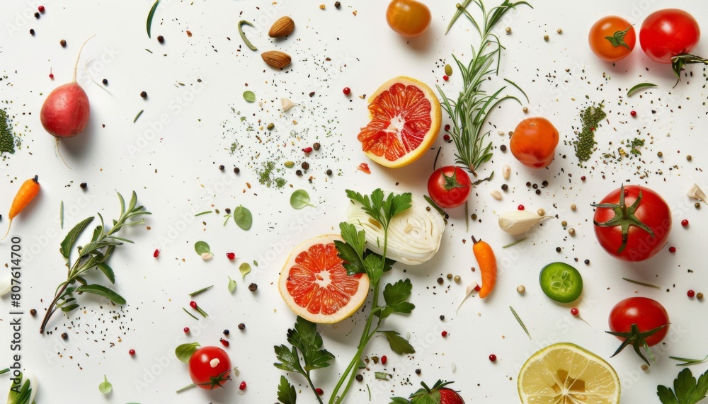 vegetables, fruits and grains scattered on a white table, photo from above, realistic photo vegetables, fruits and grains scattered on a white table, photo from above, realistic photo