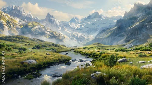 A peaceful mountain valley bathed in golden light, with a meandering river winding through verdant meadows and towering peaks. . 
