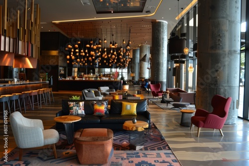 A cosmopolitan empty hotel lobby with a bustling bar and lively social areas, catering to the diverse tastes and preferences of modern, Generative AI