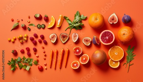 From above, a creative and airy arrangement of fruits and vegetables positioned on the right-hand side of an orange surface photo