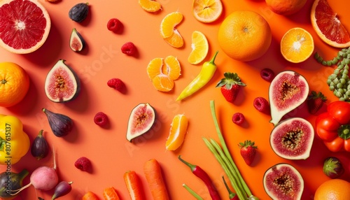 From above, a creative and airy arrangement of fruits and vegetables positioned on the right-hand side of an orange surface photo