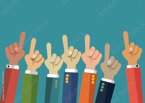 Diverse Group of Hands Pointing Upwards in Solidarity on Teal Background photo