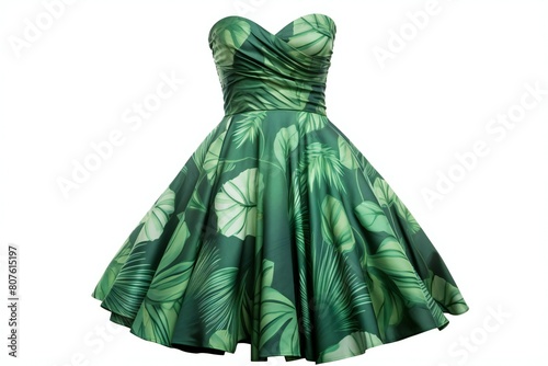 Women's summer green dress with tropical print, leaves, wide skirt on an invisible mannequin, created by AI