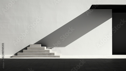 A white wall with a black door and a staircase in front of it