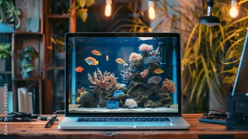 TechSavvy Aquarist Vibrant Fish Tank with HighTech Touches and Essential Tools for Aquarium Enthusiasts