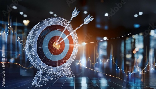 An innovative low poly wireframe presents a digital archery target and arrow in the bullseye, merged with a Japanese candlestick, embodying stock market accuracy and foresight