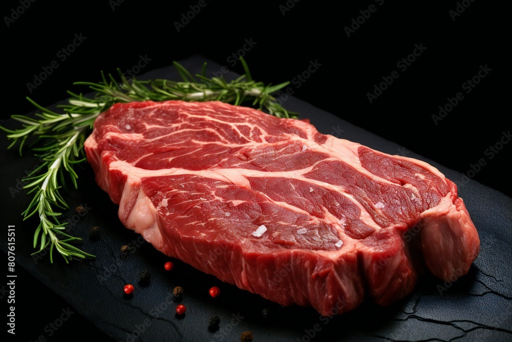 Raw beef steak with rosemary and pepper on a marble table, generated by AI Raw beef steak with rosemary and pepper on a marble table, generated by AI