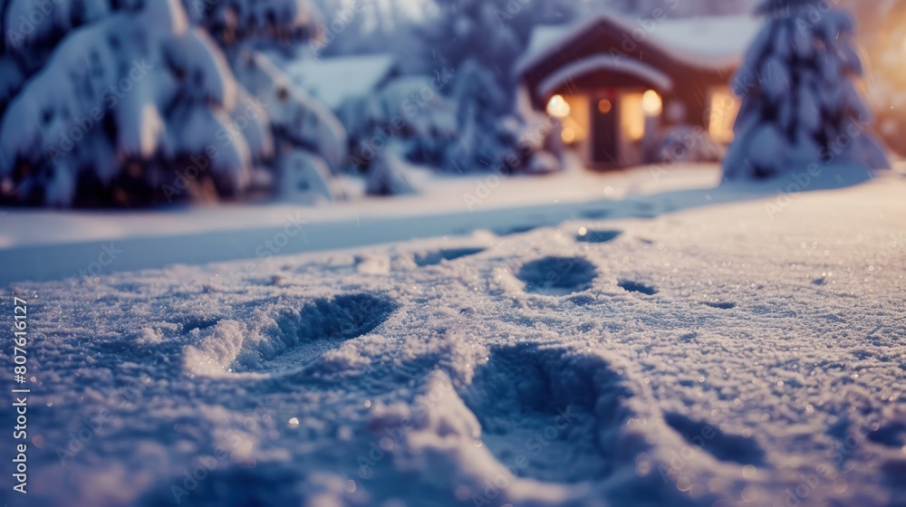 Fototapeta premium Santa Claus's footprints in the snow, leading to a child's home. 
