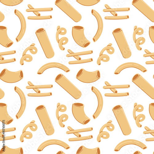 Pattern of different types of pasta. Sticks are hollow, which is ideal for decoration on culinary themes inspired by Italian cuisine. Seamless texture of several variants of Italian types flour pasta
