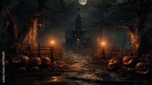 Greeting card to a Halloween party. Pumpkin faces, old spooky house, old trees and lights in the night. photo