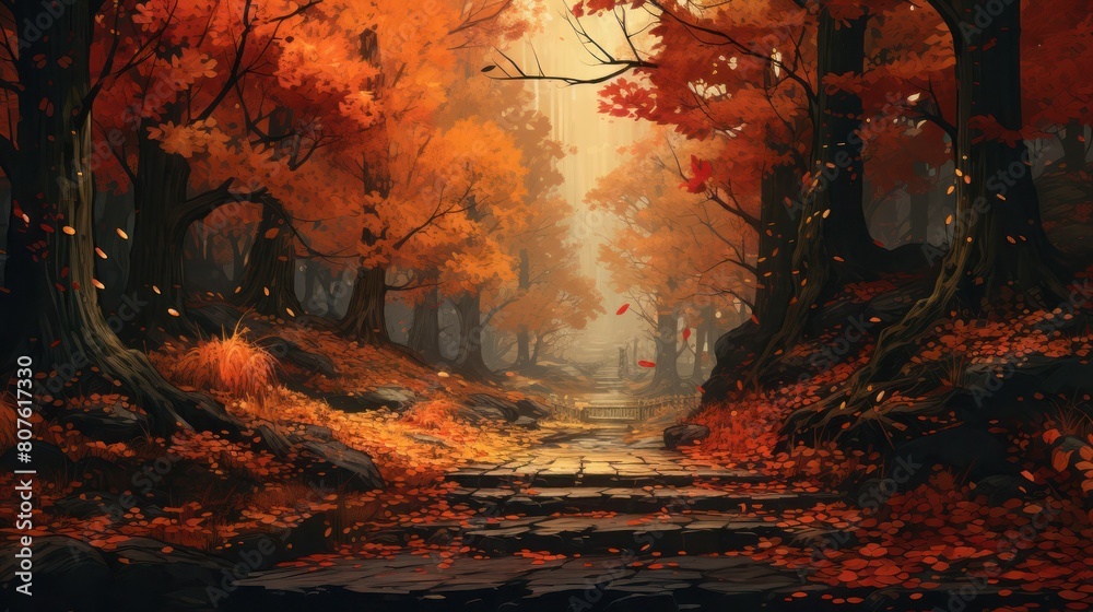 Fototapeta premium Beautiful atmospheric paved path among big trees in old park in golden autumn.