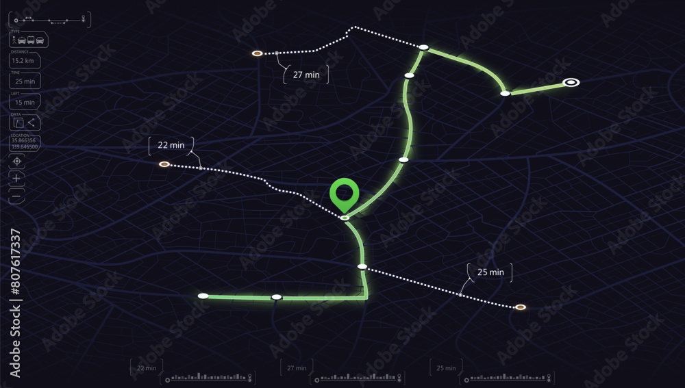 Obraz premium Route on the map. City street map with various points of interest. GPS tracking system to navigate and find way around the city landmarks, directions to different locations. Vector illustration