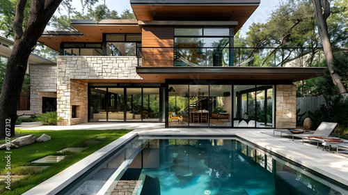 A modern house with a pool, light brown wood cladding facade and glass windows, green trees around the house, stone panels on the walls