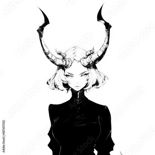 Black and white line drawing of a female depicted as a demon generative ai
