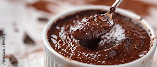 A in-depth view of a spoon skimming through a supple chocolate pudding with a dollop of cocoa powder over a white setting and space, Generative AI. photo